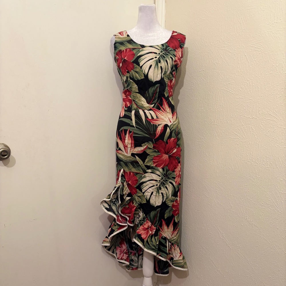 Vintage Jade Fashions Hawaii Floral Monstera Black Tropical Ruffle Midi Dress L